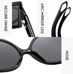 Detail view of cat eye sunglasses showing secure hinges, arc legs and nose pads