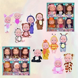 Detailed set of 5-inch sleeping baby dolls in various animal-themed plush costumes