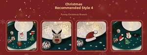 Detailed view of assorted Christmas brooches featuring Santa, elk, and glitter finish
