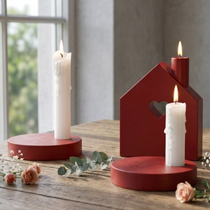 Matte dark red heart hollow house candle holder set with round base on wooden desk
