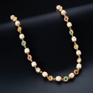 Hip hop style gold chain necklace with white pearls and colorful rhinestone floral charms
