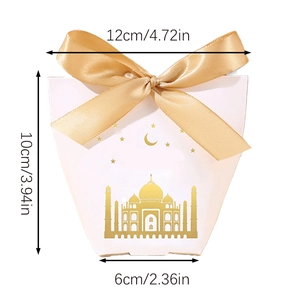 Elegant white gift box with gold castle pattern, ribbon bow, and dimension markings