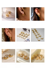 Detailed grid of 18k gold plated stainless steel earrings with zircon inlay designs