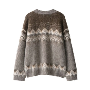 Brown jacquard knit sweater with gradient geometric patterns and ribbed trim finish