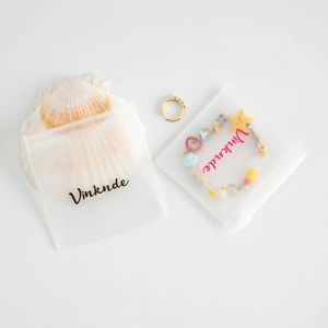 Close-up of matte EVA jewelry zip bag with rings and bracelets on white background