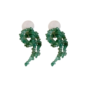 Minimalist green stone tassel earrings with white disc studs for a fresh summer look