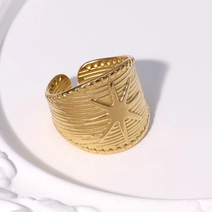 Gold plated stainless steel open ring with wide band and embossed eight-pointed star design