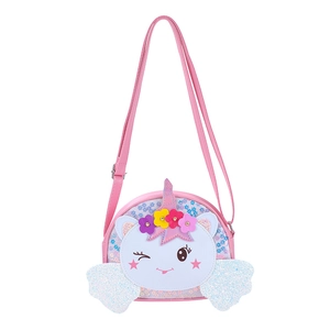 Detail of pink unicorn crossbody bag with glitter sequins and 3D floral accents