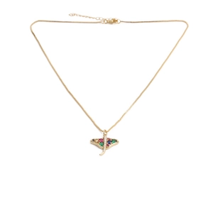 Detailed close-up of a golden stingray pendant necklace with multicolored gemstones