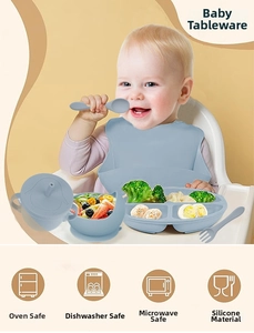 Silicone baby feeding set with suction plate, bib, straw cup and utensils in blue