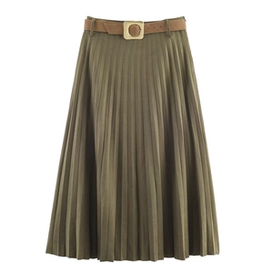 Jupe midi plissée vert olive élégante avec une ceinture marron tendance pour femmes