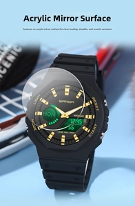 Detail of scratch-resistant acrylic mirror and octagonal black case on sports watch