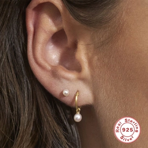 Elegant S925 sterling silver pearl stud and gold hoop earrings set for women