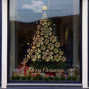 Golden Snowflake Christmas Tree Window Stickers Static Cling PVC Decals Merry Christmas Glass Door Decoration For Shop Home