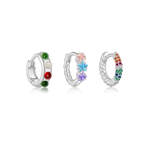 Three pairs of S925 sterling silver hoop earrings with colorful cubic zirconia accents