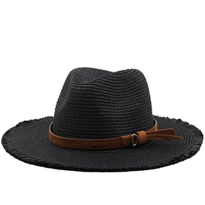 Unisex schwarzer Strohhut mit braunem Band und ausgefranster Krempe für Sonnenschutz