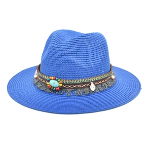 Royal blue straw bohemian jazz hat with turquoise beads and fringe tassels decoration