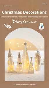 Close-up of glowing white ceramic Christmas tree stars and figurines with warm LED light