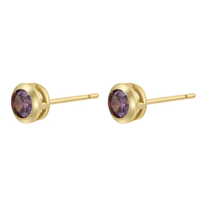 Detail of 18K gold plated studs with bezel-set round purple crystals and hollow design