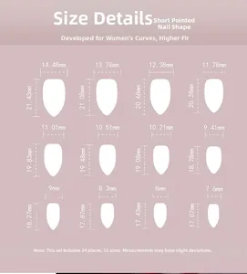 Size chart showing 12 different dimensions for short almond press-on nails in 24-piece set