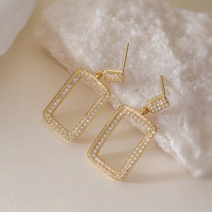 Elegant 18K gold plated geometric drop earrings with sparkling zircon on natural stone