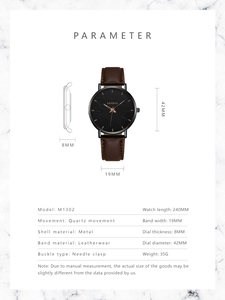 Detailed technical specifications for Geneva M1302 quartz watch with brown leather strap