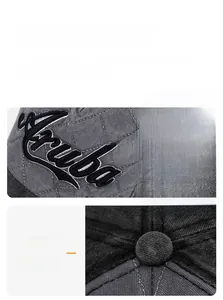 Macro view of detailed 3D embroidery showing Aruba 1499 lettering on baseball cap fabric