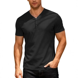 Men's solid black V-neck Henley T-shirt in breathable slim fit cotton fabric