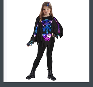 Detailed view of kids' Halloween skeleton costume with colorful bone prints on black fabric