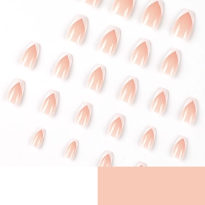 Classic French tip press-on nails with pink base and white V-shape almond design