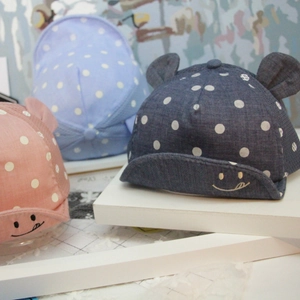 Polka dot baby baseball caps with 3D ears and smile embroidery in pink and blue