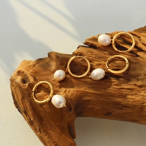 French vintage 18K gold plated hoop earrings with natural freshwater pearls on wood