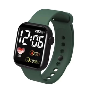 Digital LED sport watch for couples with green silicone strap and rectangular black screen