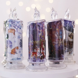 LED Christmas candle lamp with forest animal illustrations and warm glowing flame effect