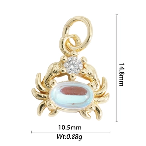 Golden crab pendant with rainbow gemstone showing 14.8mm height and 10.5mm width details