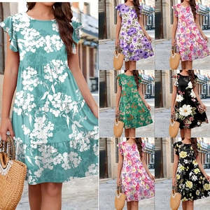 Floral Print Tiered Midi Dress Women Polyester Spandex Crew Neck Flutter Sleeve Casual Loose Summer Beach Outfit