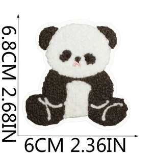 Detailed size view of curly plush panda embroidery patch with dimensions shown