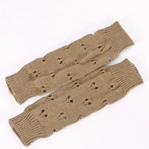 Close-up of khaki knit arm sleeves with hollow dot pattern and ribbed cuffs detail
