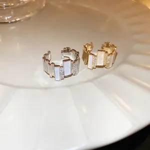 Minimalist gold and silver irregular zircon open rings with mother of pearl inlay