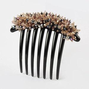 Macro view of crystal flower hair comb showing multi-color beads and seven-tooth structure
