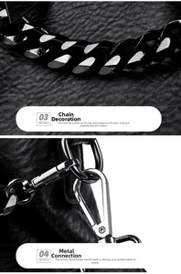 Detail of high-quality pebbled leather, industrial chain and polished metal hooks