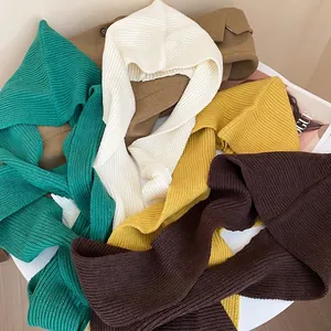 Women Winter Knitted Balaclava Hat Hooded Scarf Integrated Neck Warmer Solid Ribbed Thermal Ear Protection Outdoor Hooded Scarf