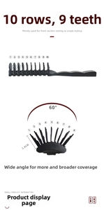 Detail view of the 10-row 9-teeth black hairbrush with 1.4cm bristles for styling