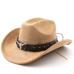 Close-up of khaki western cowboy hat featuring silver bull head stud and leather band