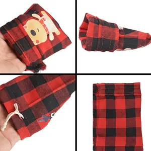 Christmas red and black plaid drawstring gift bags with cute bear and reindeer patterns