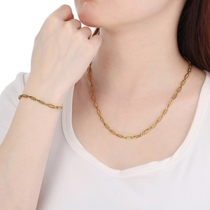Detail of elegant gold cylinder link necklace and bracelet set on model neck and wrist