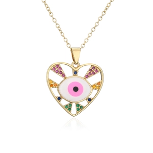 Golden heart necklace with evil eye design and colorful gemstones on white background