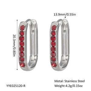 U-shaped stainless steel earrings with red rhinestones and dimensional specifications