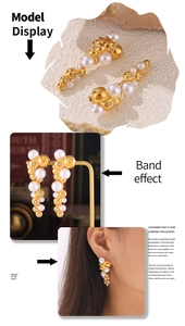 Detail of 18k gold plated stainless steel pearl cluster earrings with zircon accents