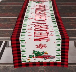 Linen Christmas table runner with red black buffalo plaid and Merry Christmas text